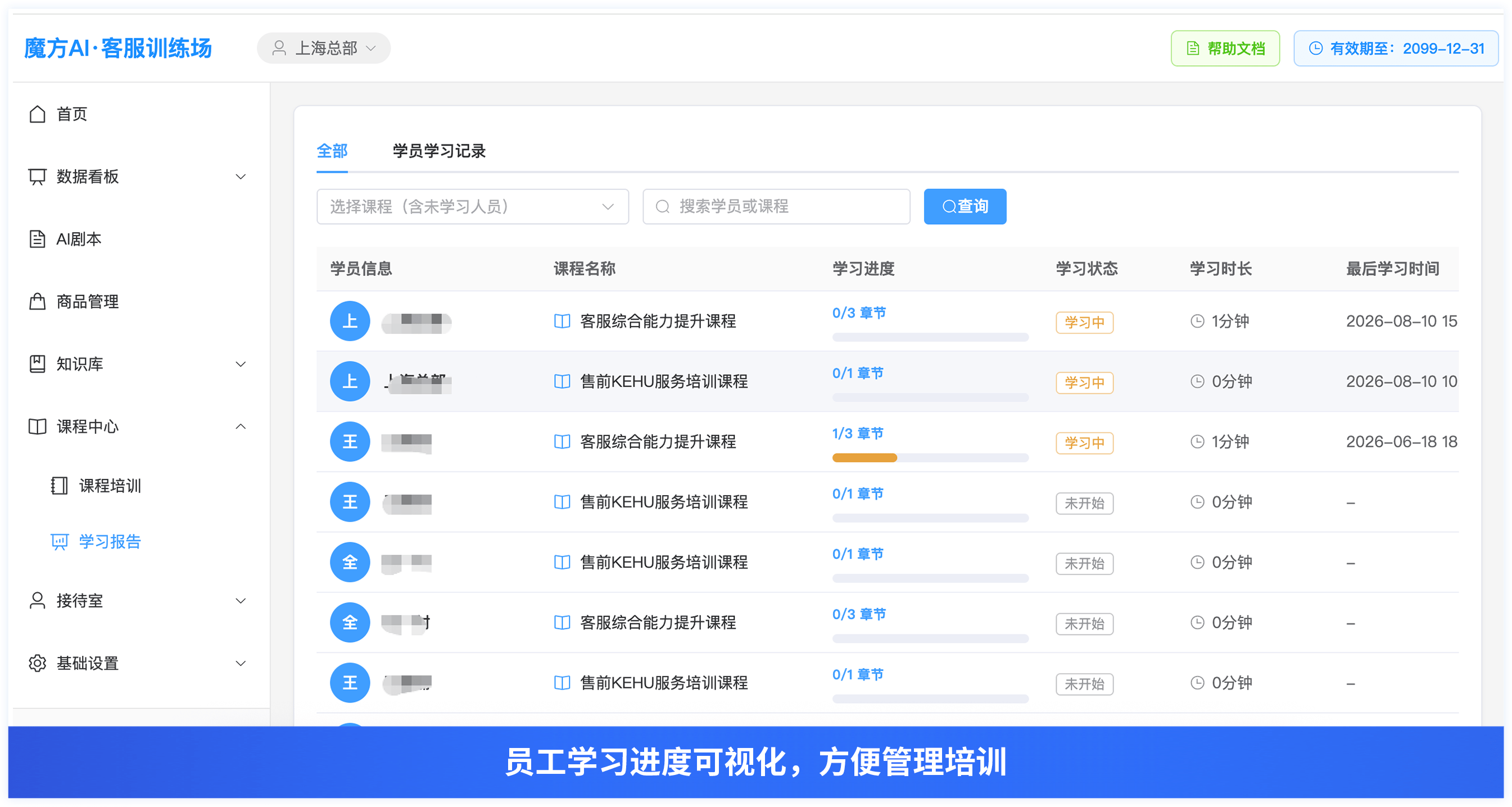 员工学习进度可视化，方便管理培训
